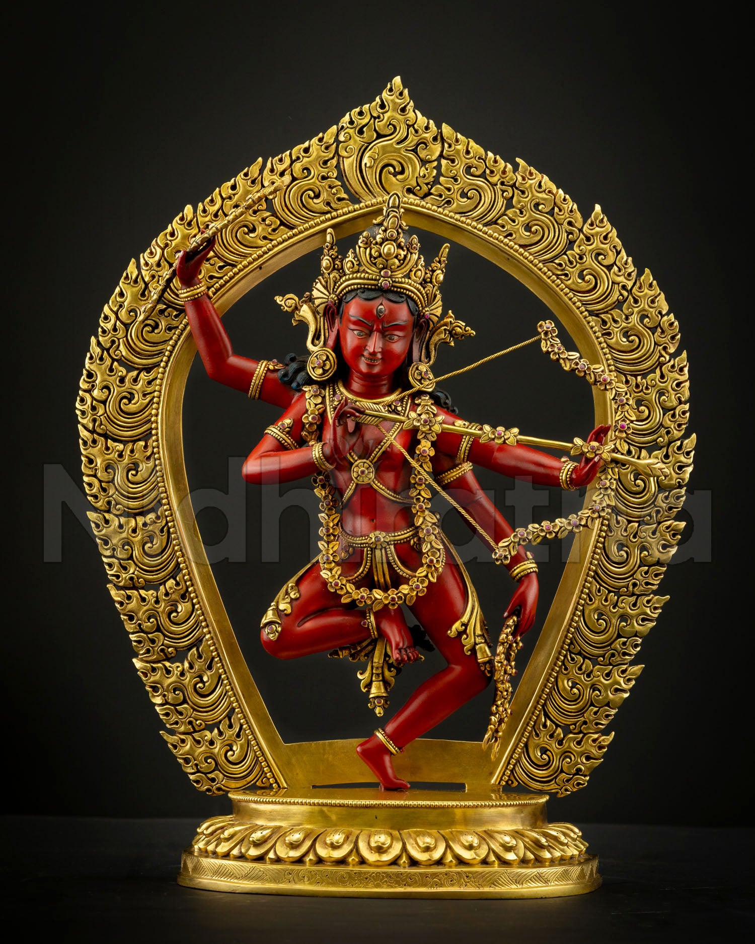 Kurukulla statue Vajrayana dakini of magnetizing energy handcrafted copper sculpture with gold gilding and acrylic details by Newari artisans from Nepal Patan