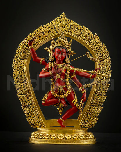 Kurukulla statue Vajrayana dakini of magnetizing energy handcrafted copper sculpture with gold gilding and acrylic details by Newari artisans from Nepal Patan