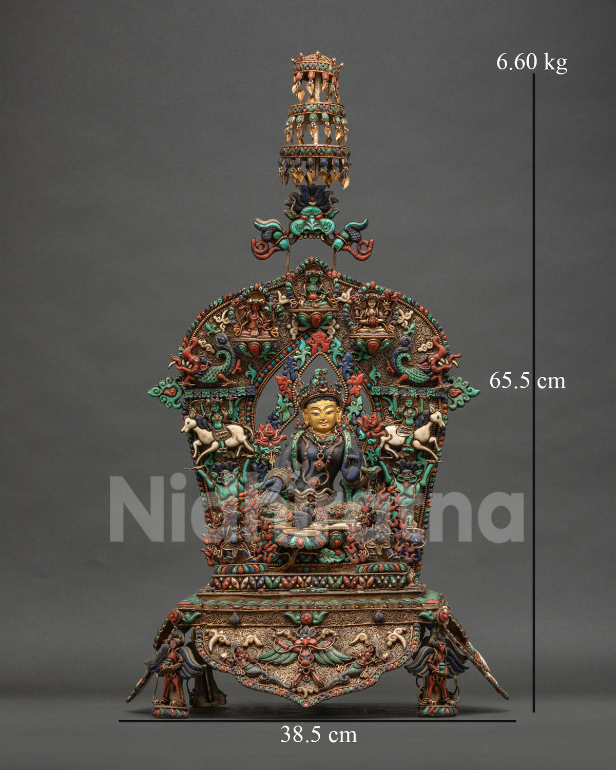 Lapis Lazuli Green Tara statue front view with lotus pedestal and precious stone halo