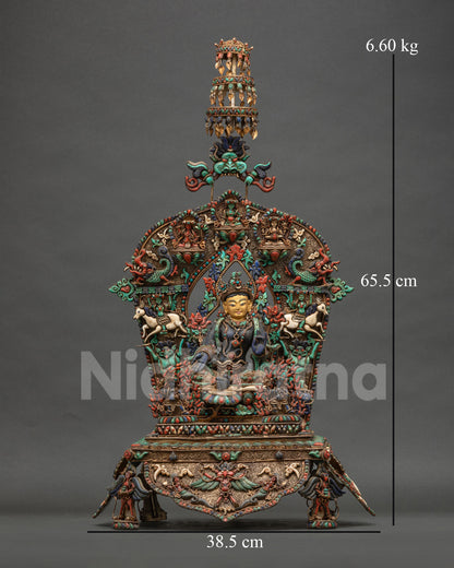 Lapis Lazuli Green Tara statue front view with lotus pedestal and precious stone halo