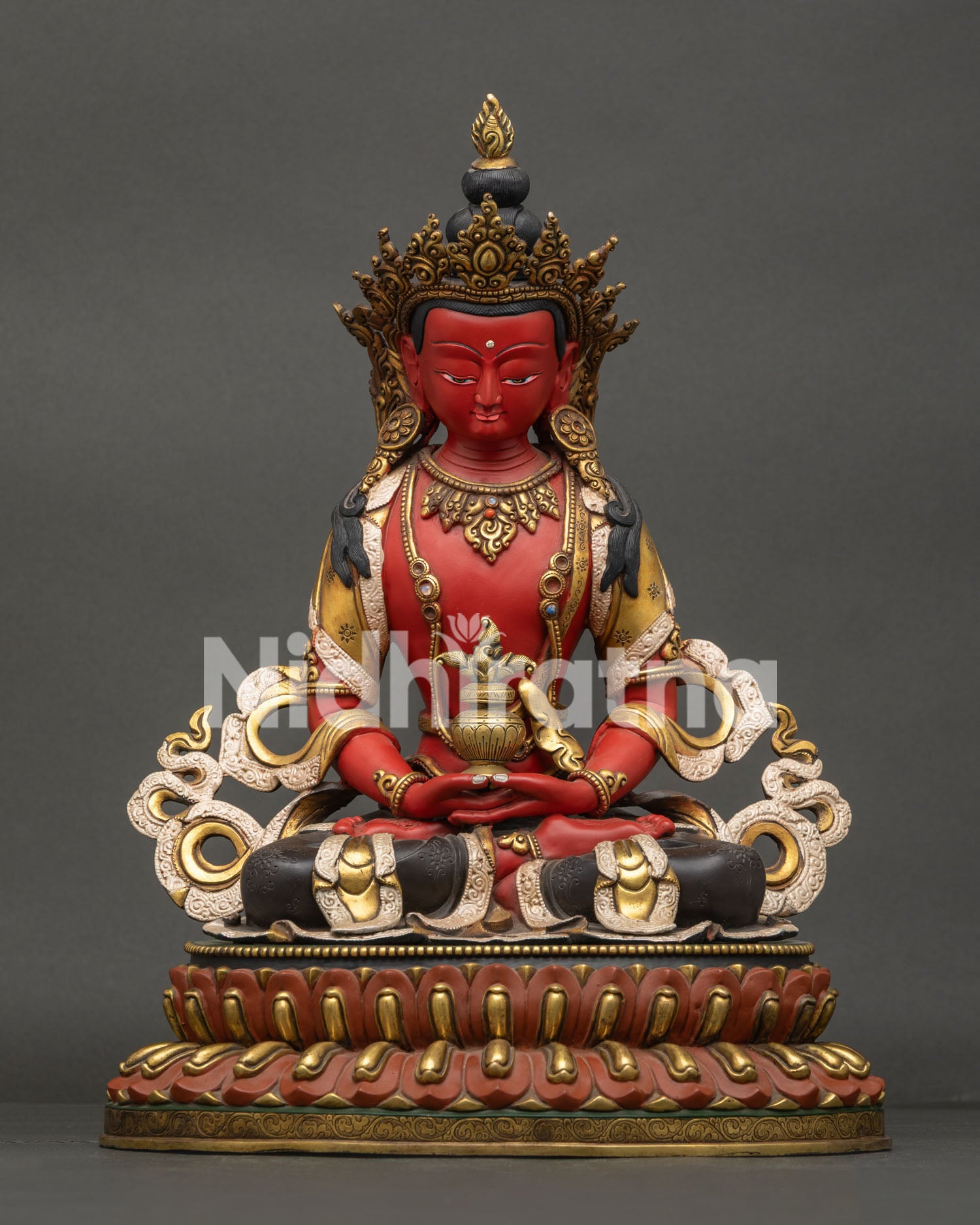 Large Amitayus Buddha Statue handcrafted in Nepal with gold gilding and silver-plated details front view