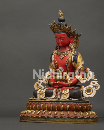 Large Amitayus Buddha Statue left side angle with gold gilding silver plating and lotus throne