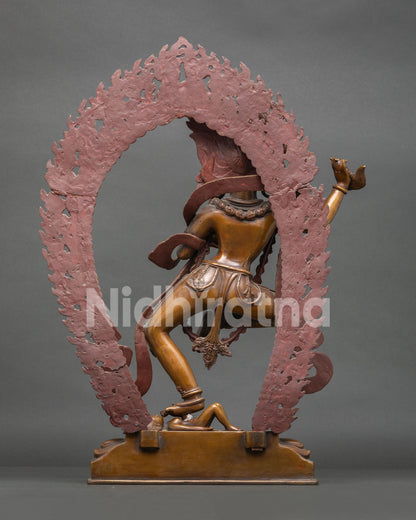 Large Dorje Phagmo Statue back view with handcrafted copper Buddhist artwork details