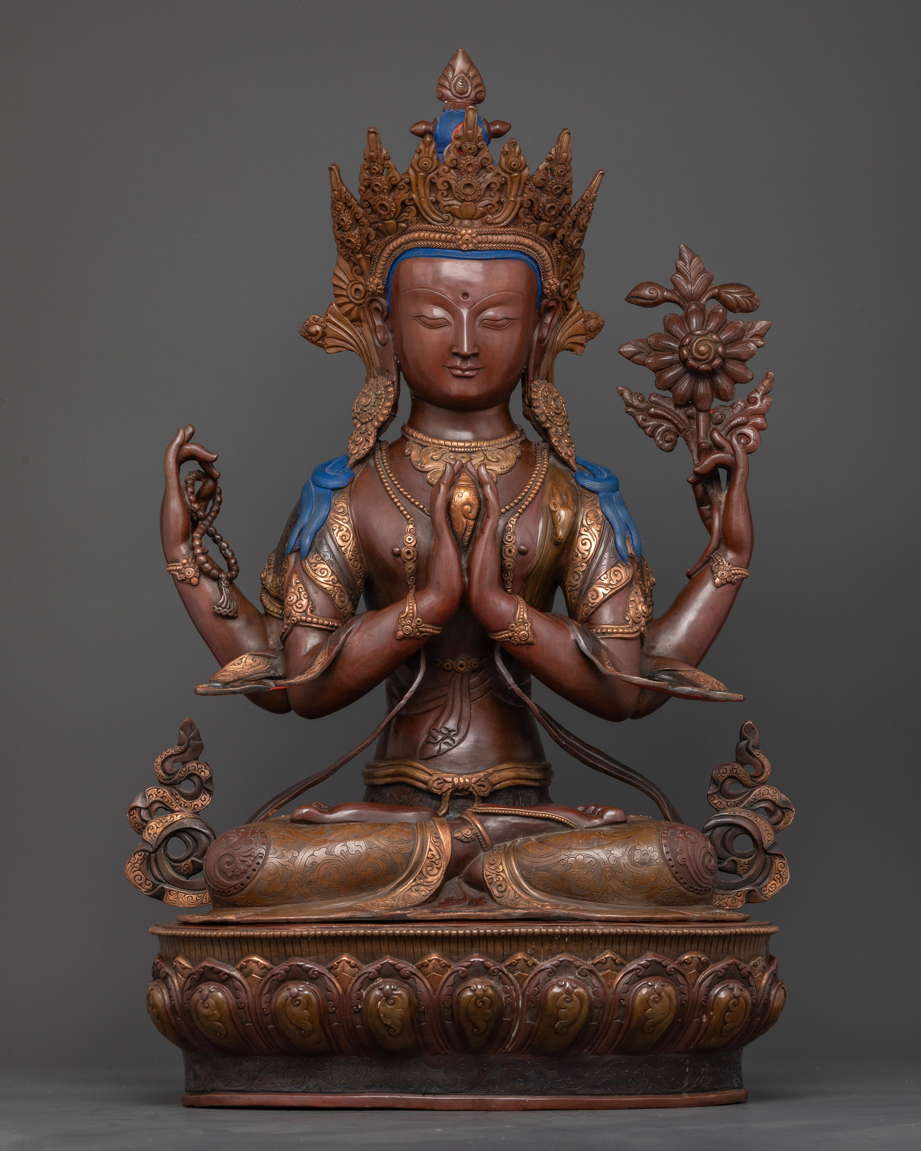 Large Four Armed Avalokiteshvara statue with Oxidized Copper Finish from Nepal