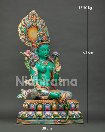 Large Green Tara statue, seated on double lotus pedestal Himalayan Buddhist art