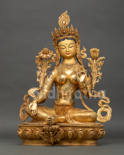 Large Green Tara Statue with 24K gold fire gilding, seated on lotus throne, handmade in Nepal