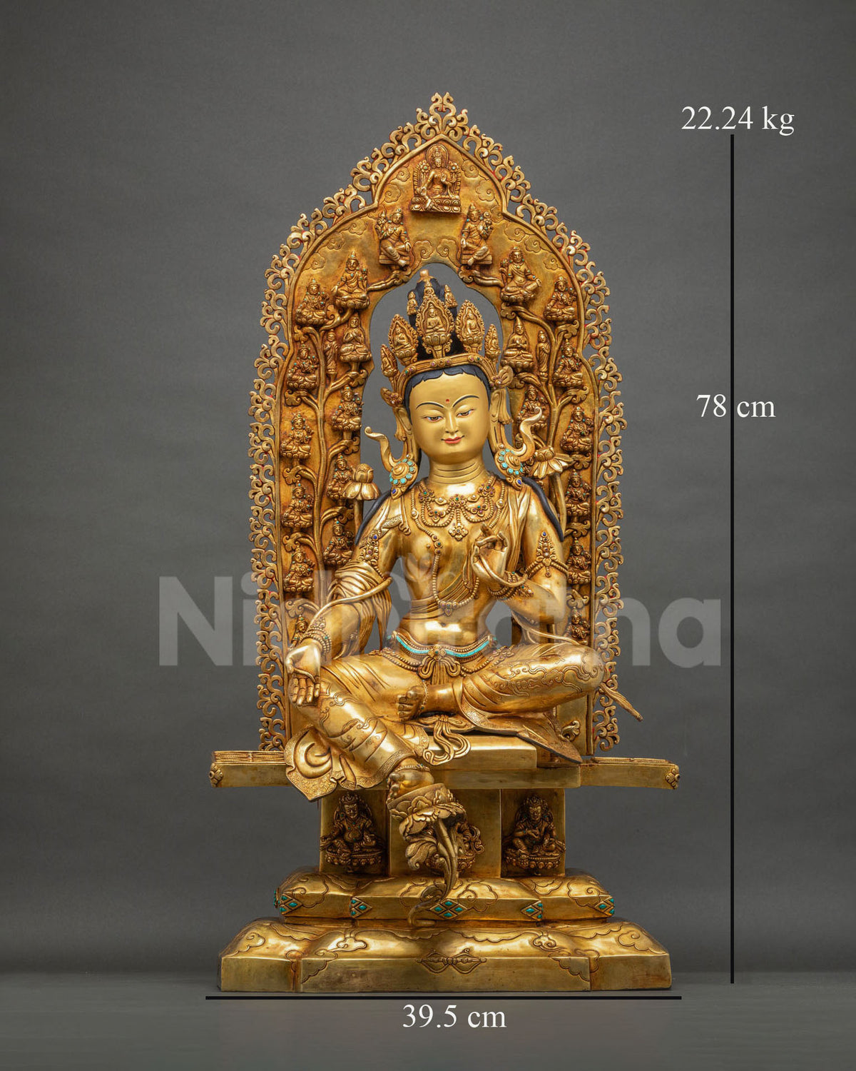 Large Green Tara statue with celestial halo, gold gilded copper, 78 cm tall, front view