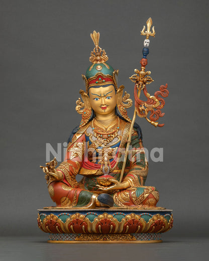 Large Guru Rinpoche Statue handcrafted in Nepal with gold gilding and vibrant acrylic colors