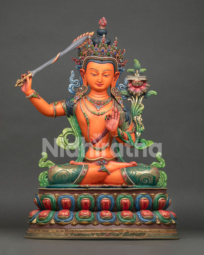 Large Manjushri statue handcrafted copper Buddhist sculpture from Nepal front view
