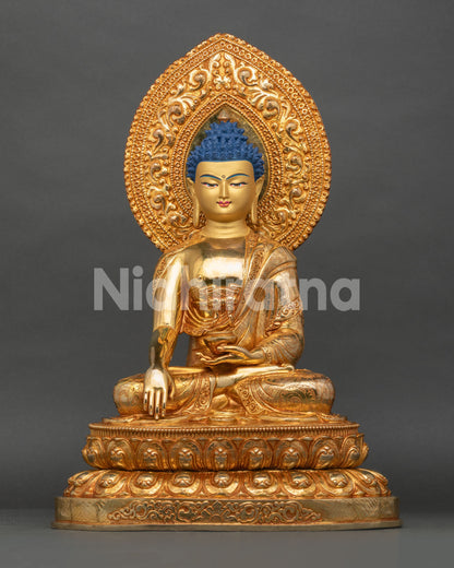 Large Shakyamuni Buddha Statue, front view – gold fire-gilded copper sculpture from Nepal