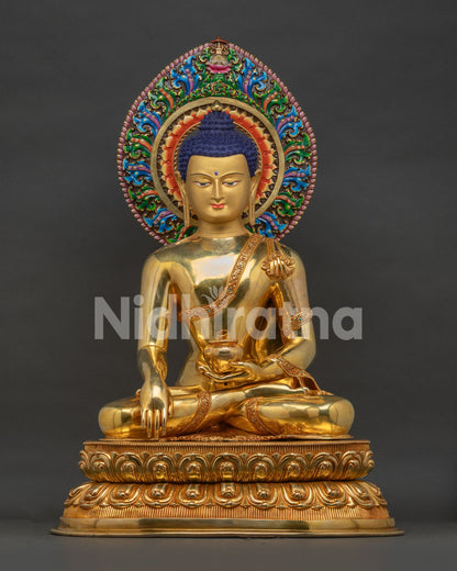 Large Shakyamuni Buddha Statue front view – gold-gilded copper, handcrafted in Nepal