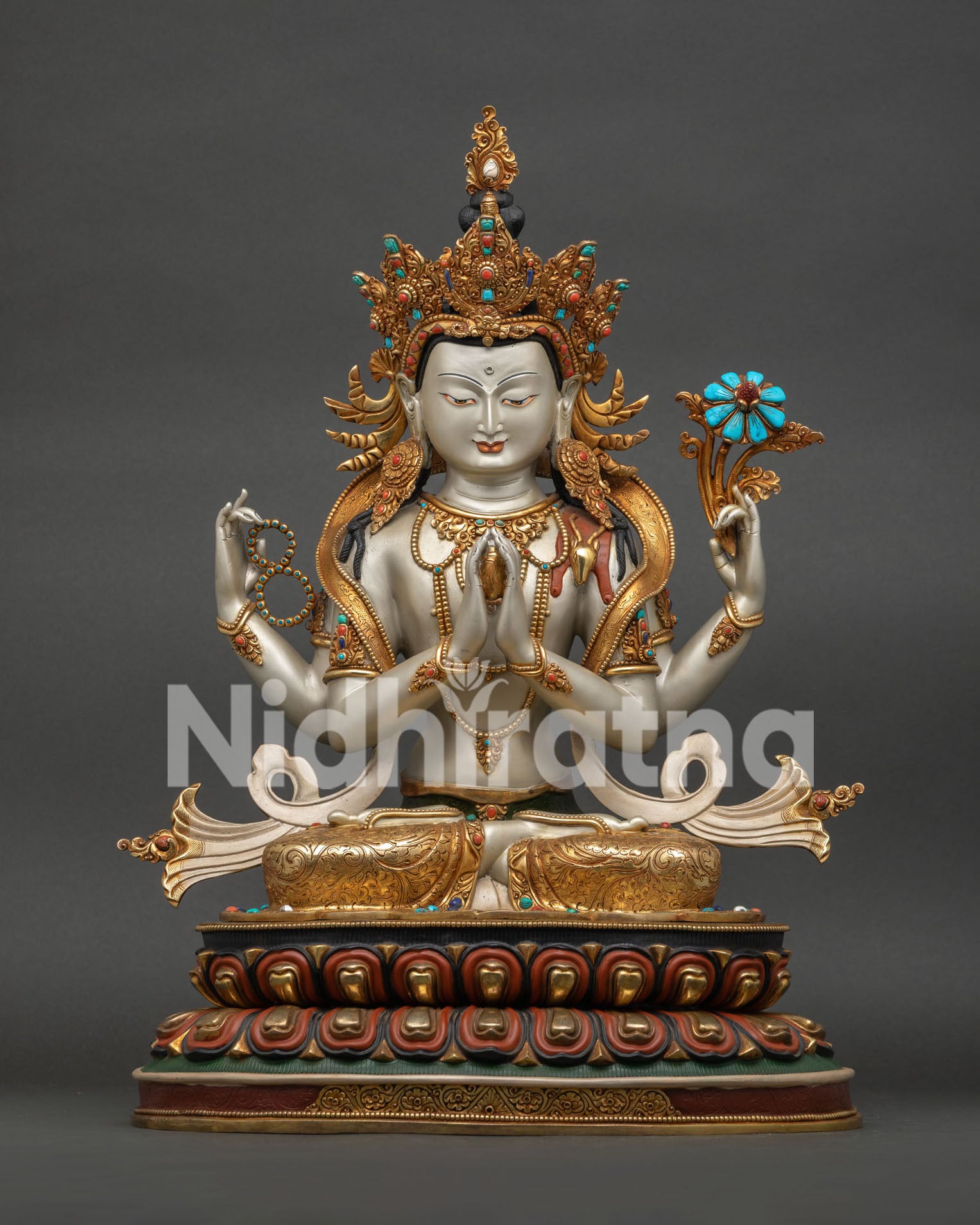 Large-Sized Four-Armed Chenrezig Statue, hand-carved gold-gilded Avalokiteshvara sculpture from Nepal