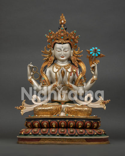 Large-Sized Four-Armed Chenrezig Statue, hand-carved gold-gilded Avalokiteshvara sculpture from Nepal