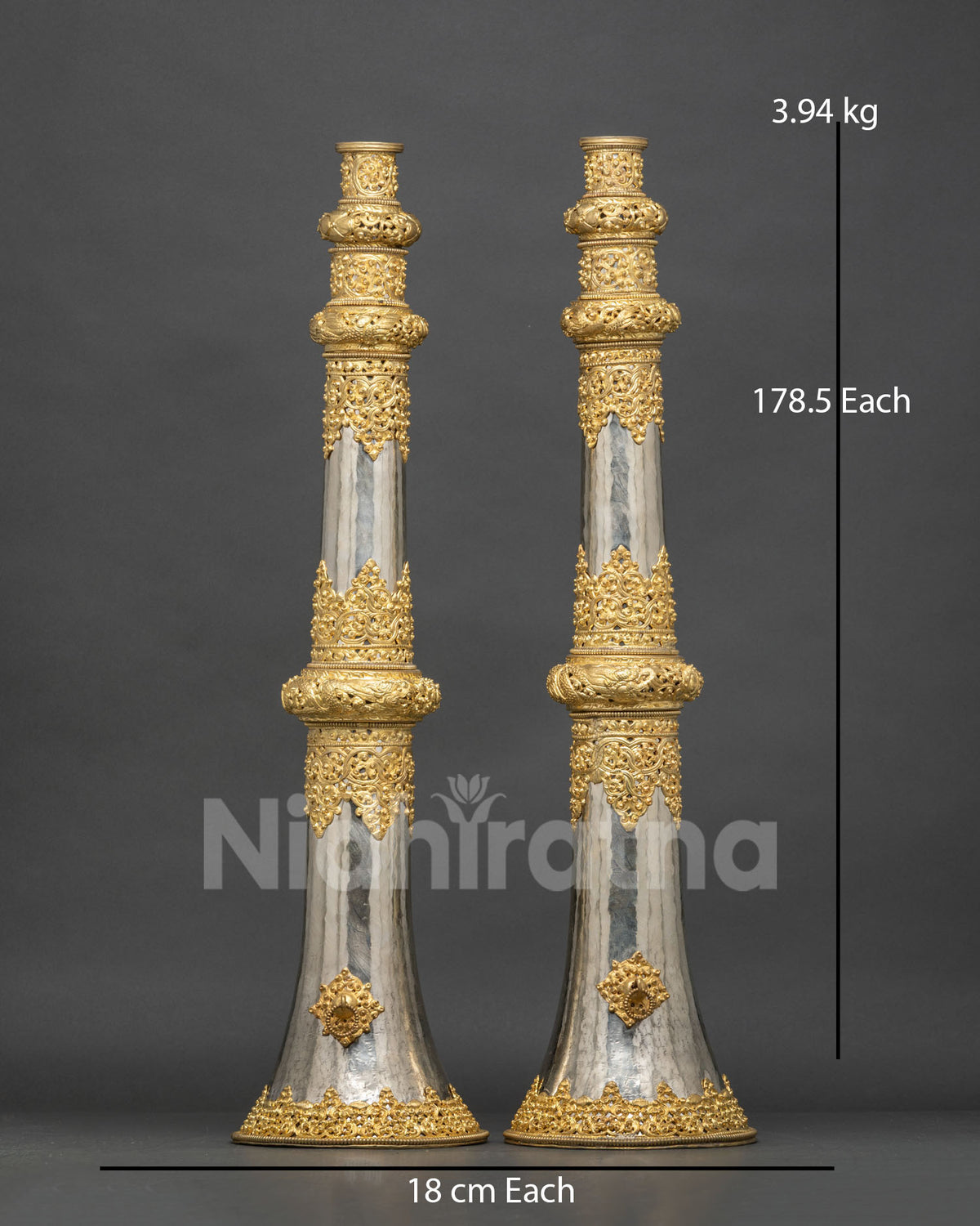 Lava Trumpet Set Handcrafted by Newari Artisans from Patan Nepal with Gold and Silver Plating