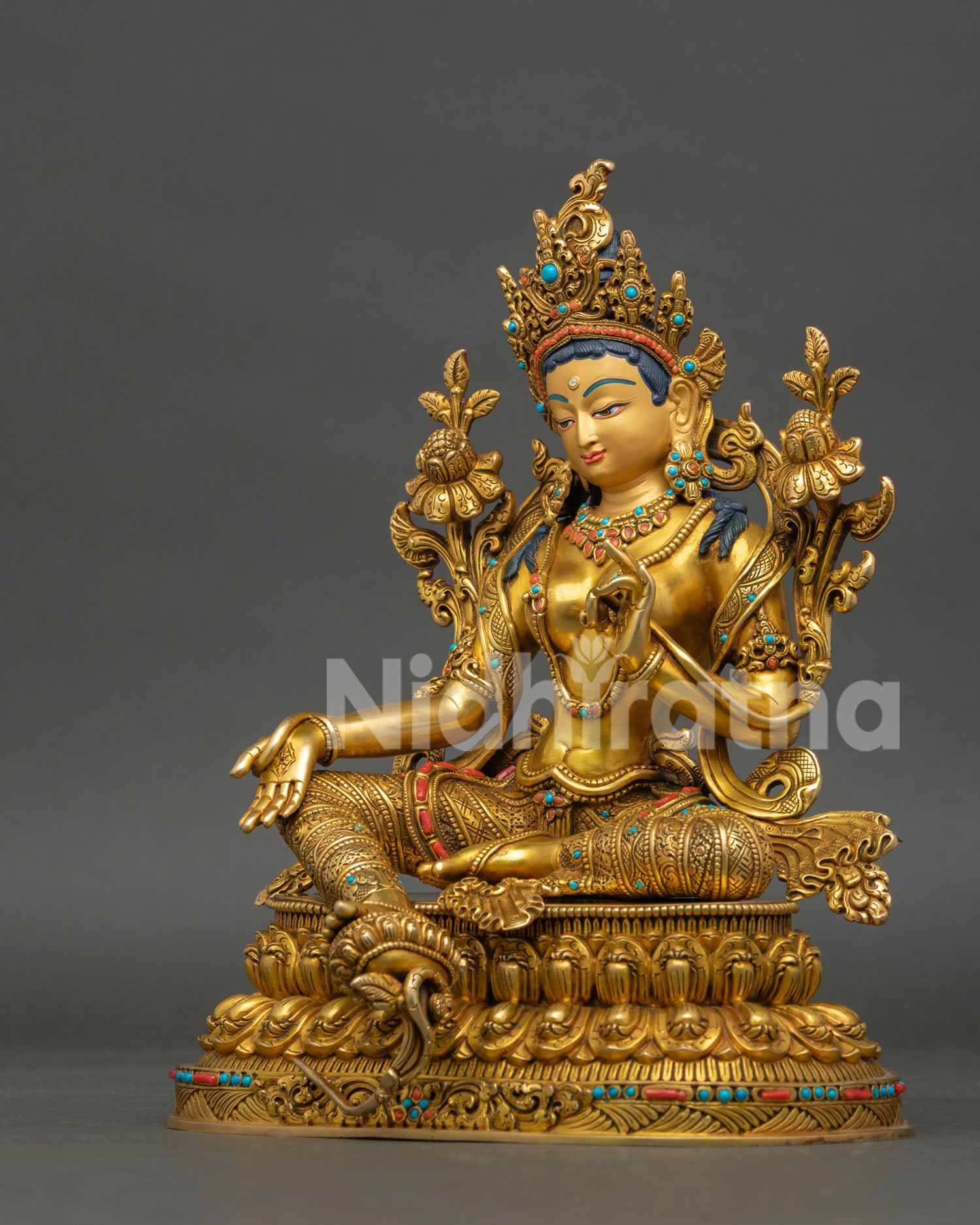 green tara statue left angle view handcrafted spiritual altar statue nepal