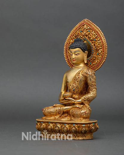 Left profile of Amitabha Buddha statue, lotus throne and semi-precious stone details