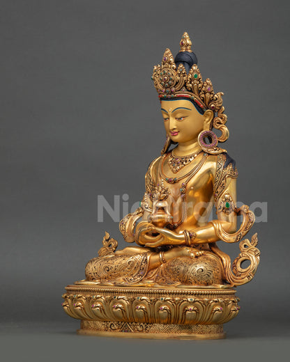 Left View Side: Left Profile Amitayus Statue Himalayan Buddhist Art Gold Gilded Robes Intricate Carvings