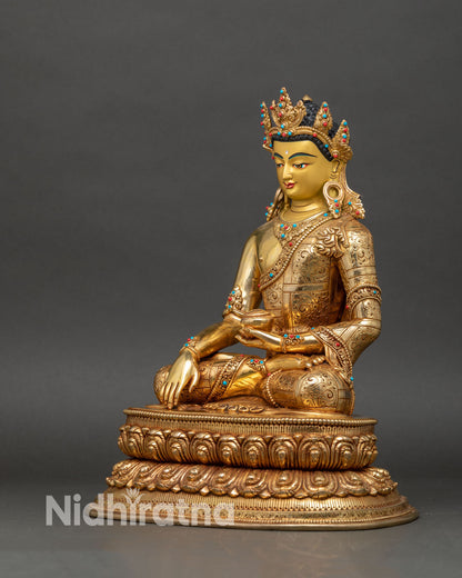 Left profile of Crowned Shakyamuni Buddha statue, intricate Nepalese artistry and gilding