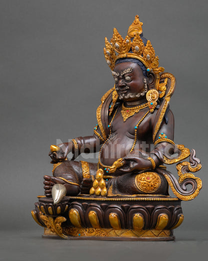 Left profile Dzambhala wealth deity statue copper craftsmanship fine detailing and oxidized finish