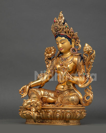 left profile green tara statue fine engravings gold gilded nepalese buddhist sculpture artistry