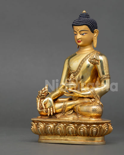Left profile Medicine Buddha statue, handcrafted Nepalese ritual art with fine metal detailing