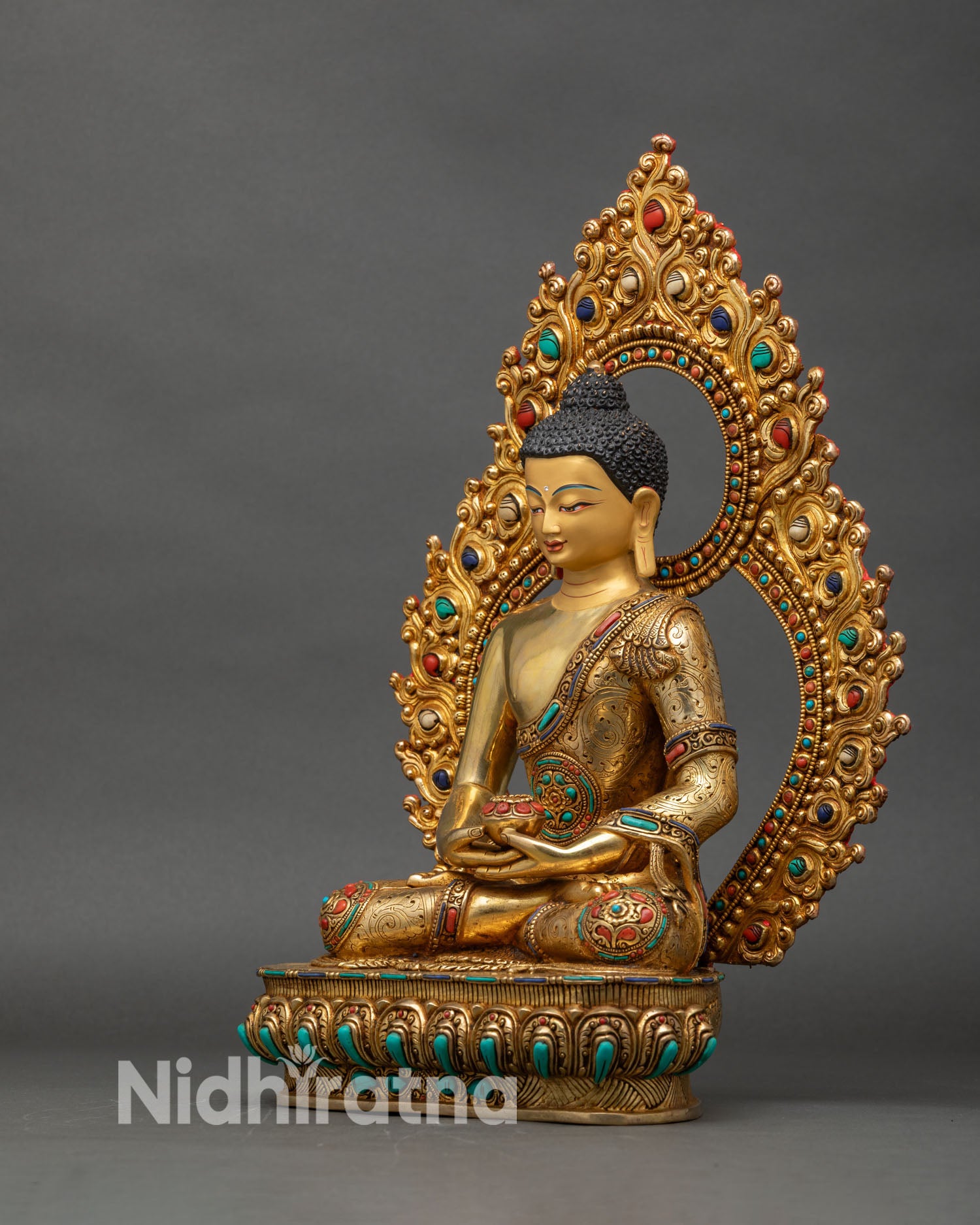 Left profile of Amitabha Buddha statue, handcrafted Nepalese copper sculpture