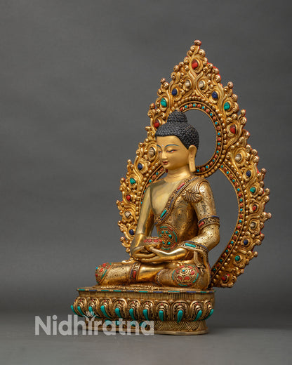 Left profile of Amitabha Buddha statue, handcrafted Nepalese copper sculpture