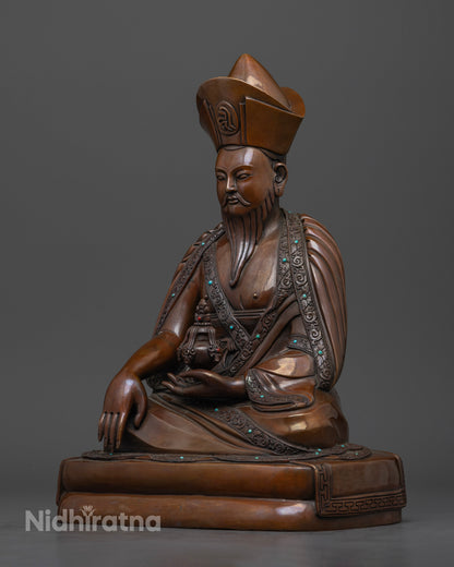 left profile of ngawang namgyal statue, handcrafted Nepalese copper with sacred decorative stones
