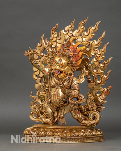 left profile of vajrapani buddha statue nepalese artisan copper and gold artwork