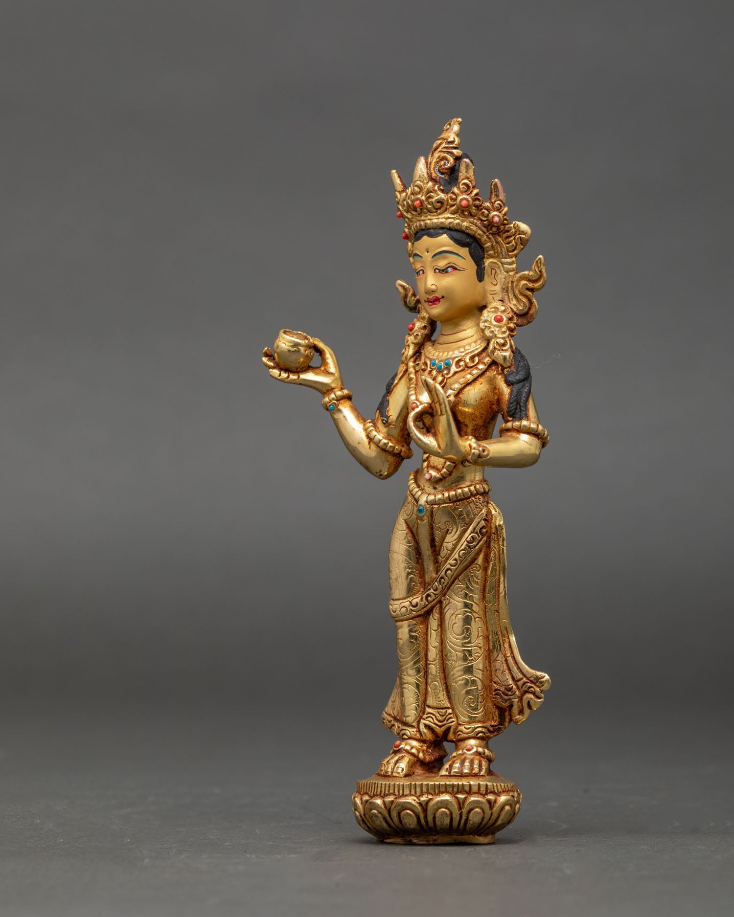 left-profile-yeshe-tsogyal-fire-gilded-statue-lotus-throne-details