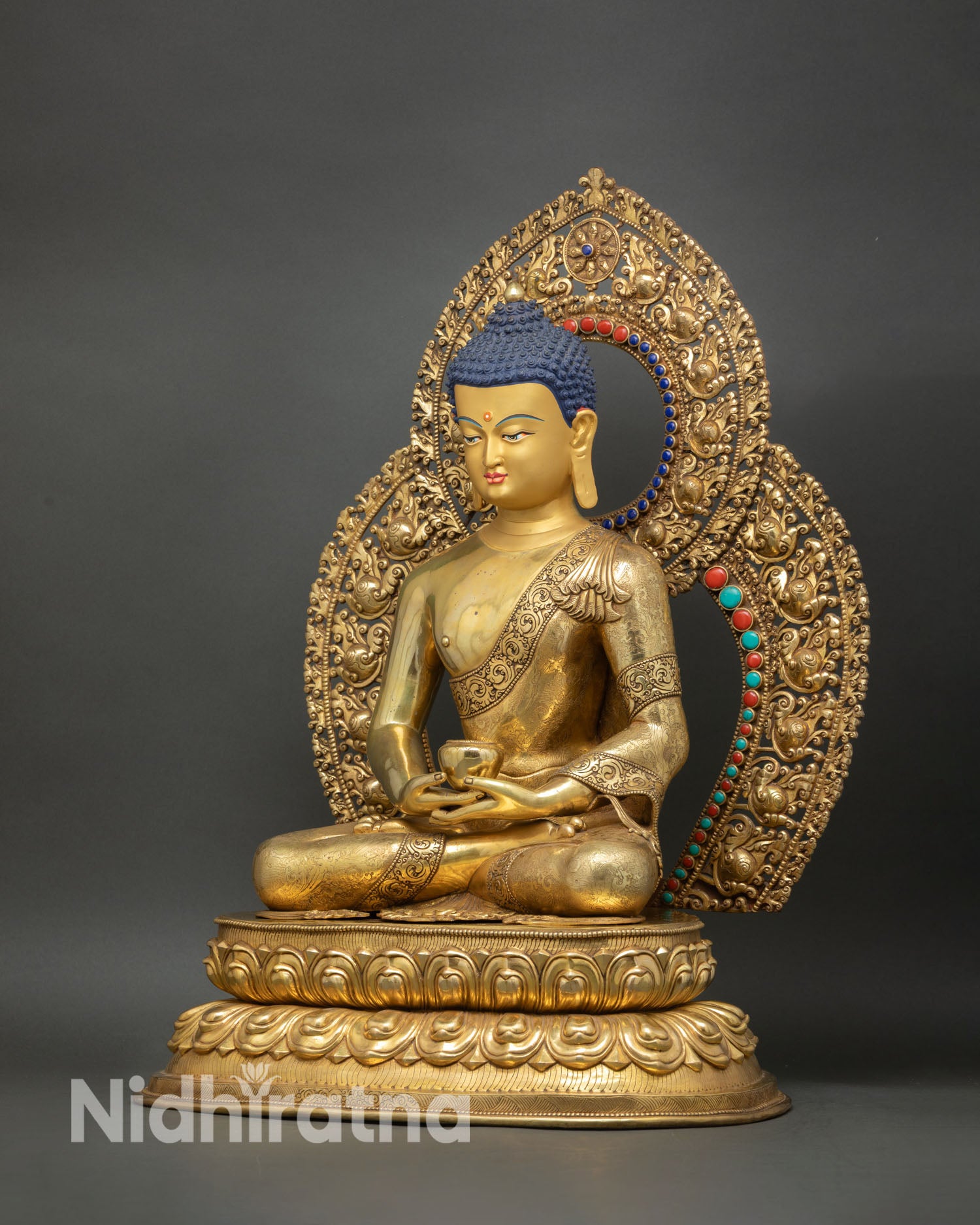 Left side Amitabha Buddha statue Nepal handcrafted copper gold Buddhist sculpture