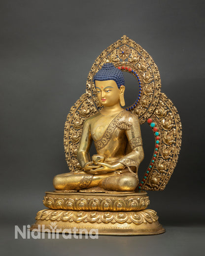 Left side Amitabha Buddha statue Nepal handcrafted copper gold Buddhist sculpture