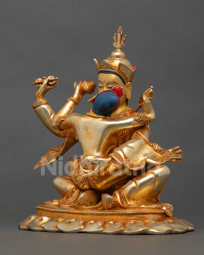 left side profile of guru padmasambhava consort statue with fire gilded details