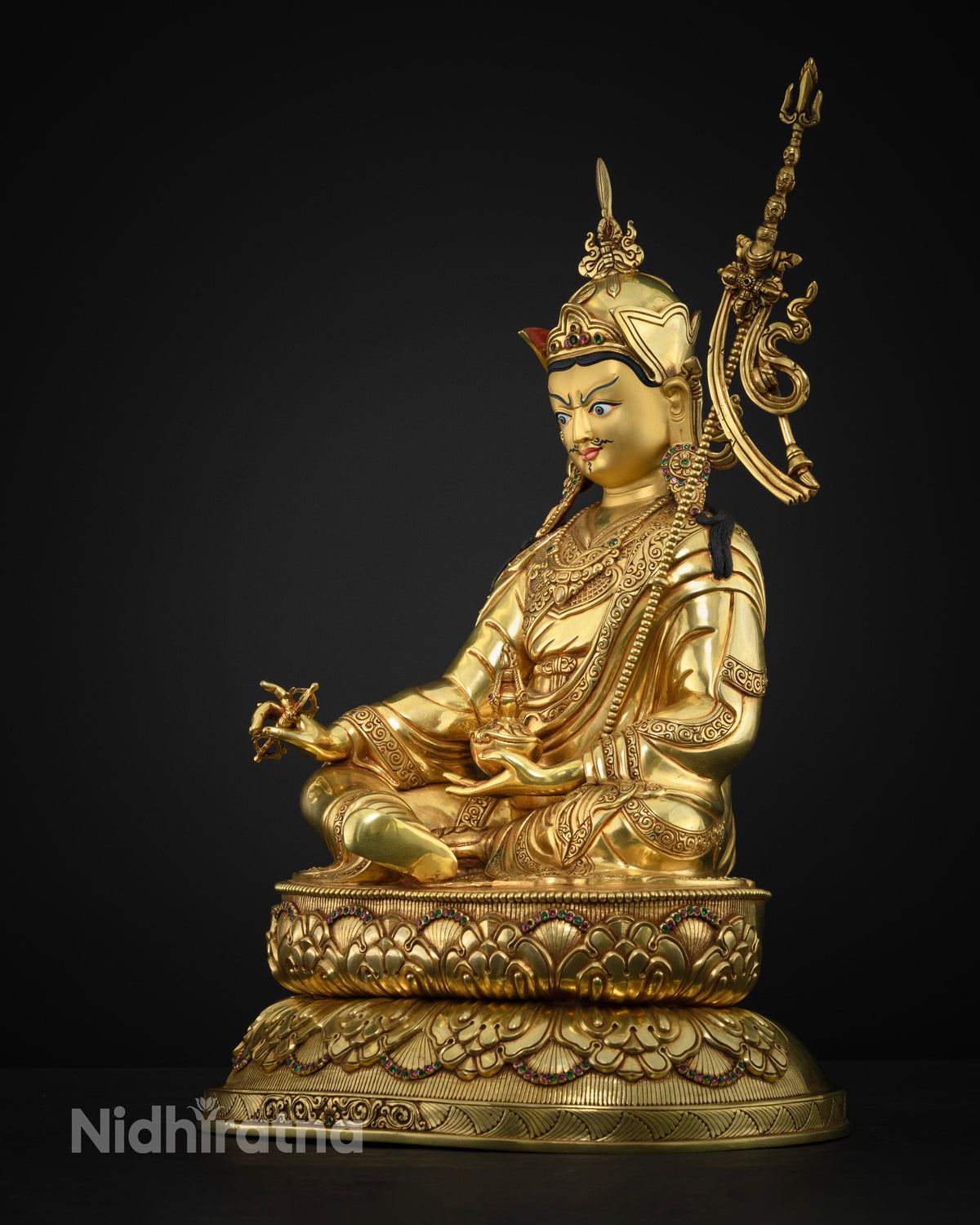 Left side profile of Guru Rinpoche statue, Nepal copper Buddhist sculpture with 24K gold gilding