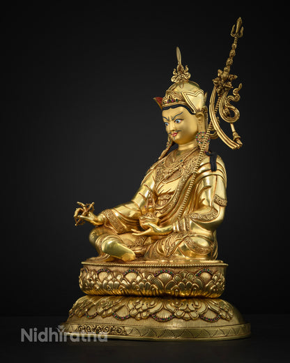 Left side profile of Guru Rinpoche statue, Nepal copper Buddhist sculpture with 24K gold gilding