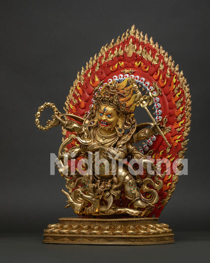 left side profile of shadbhuja mahakala statue on lotus throne