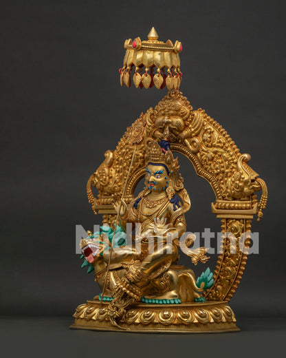 Left side profile of Vaisravana Namtoshe copper sculpture on elevated lotus throne
