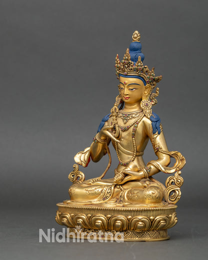 Left side profile of Vajrasattva Dorje Sempa statue with crown, robes, and gemstone inlay