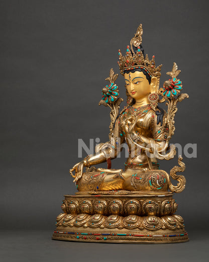 Left side profile of White Tara Buddhist statue handcrafted by Newari artisans in Nepal