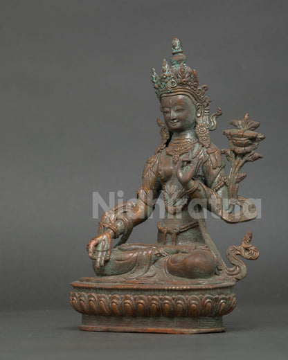 left side profile of white tara goddess statue with oxidized finish and traditional ornaments