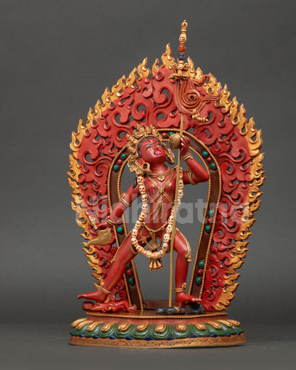 Left side Vajrayogini statue revealing ornaments, flowing posture and detailed Nepalese metal craftsmanship