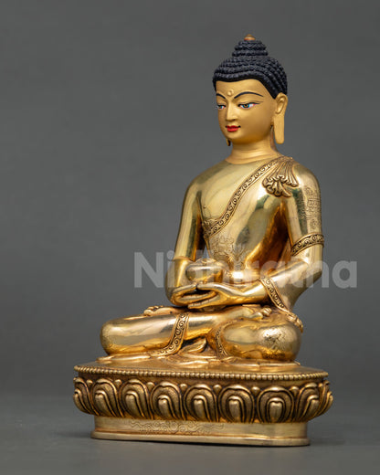 Left side view Amitabha Buddha statue, detailed Himalayan Buddhist copper artwork Nepal