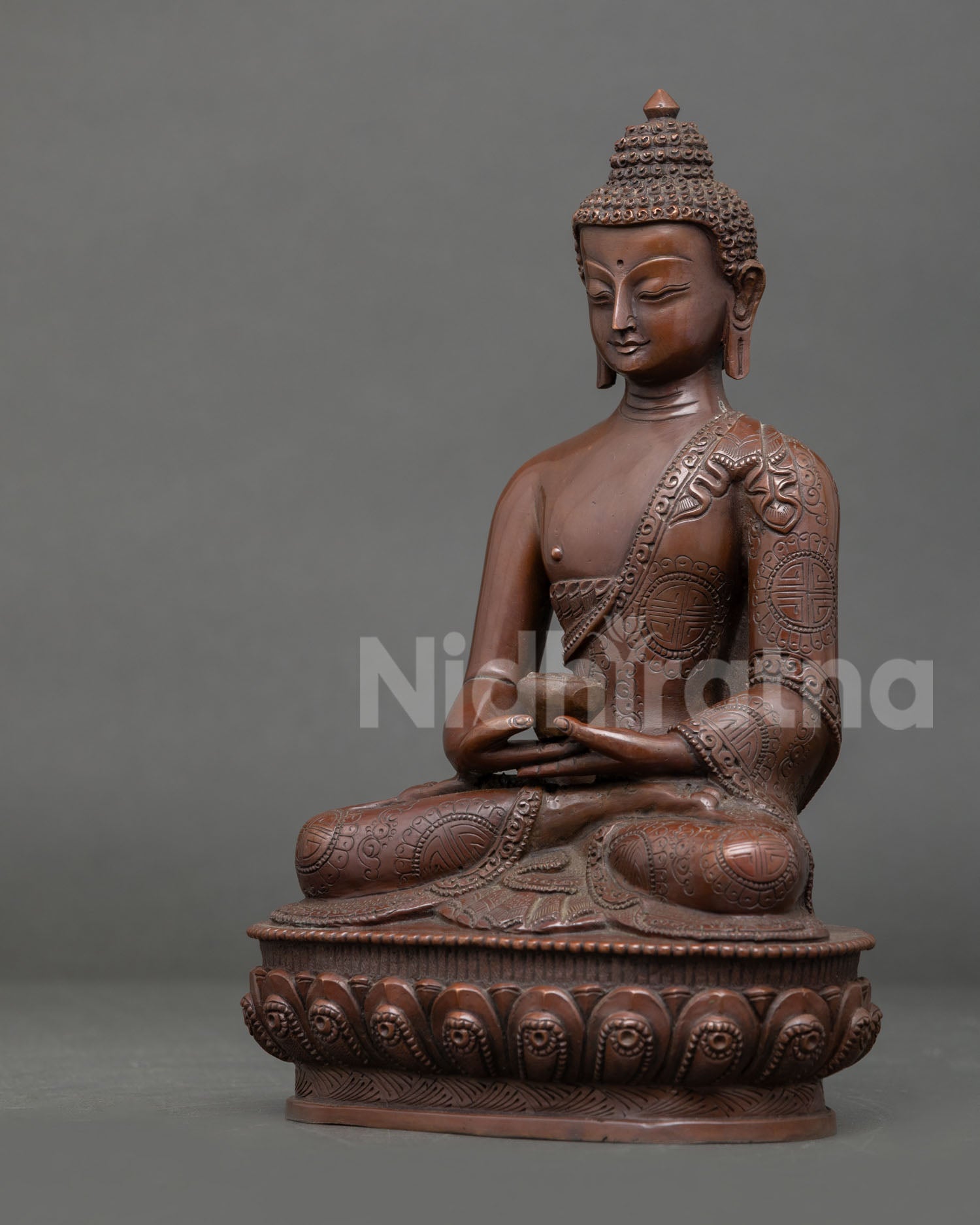 Left side view Amitabha Buddha statue Nepal copper patina traditional craftsmanship