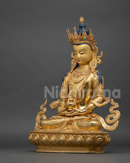 left side view amitayus statue balanced posture copper gold gilded traditional craftsmanship