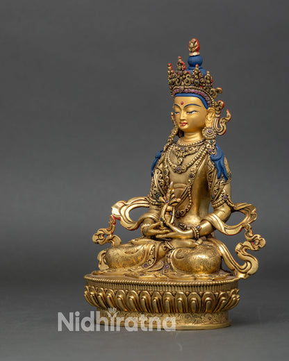Left side view of Amitayus statue, holding longevity vase in meditation mudra