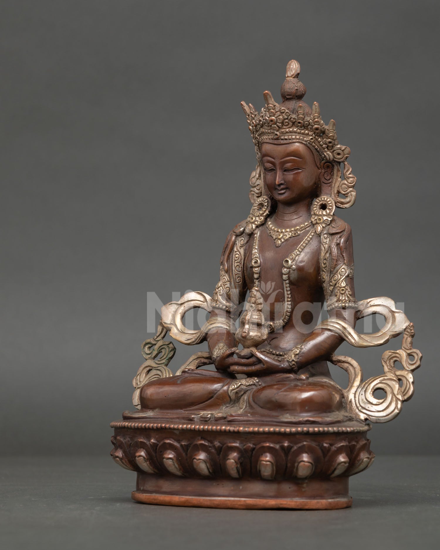 Left side view Amitayus Statue lost wax copper casting detailed ornaments aged patina