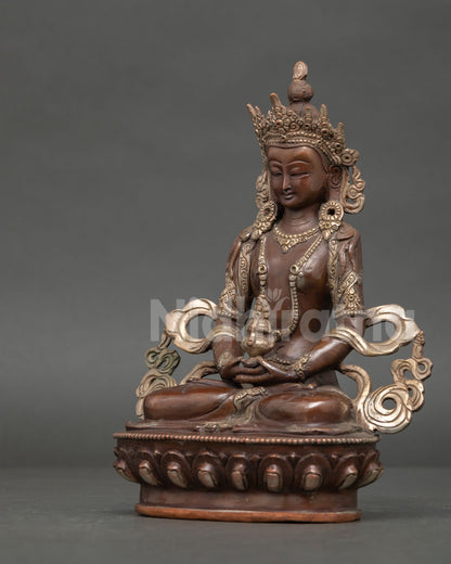 Left side view Amitayus Statue lost wax copper casting detailed ornaments aged patina