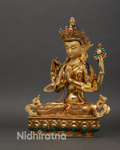 Left side view Chenrezig statue crystal mala jeweled lotus flower meditation altar decor