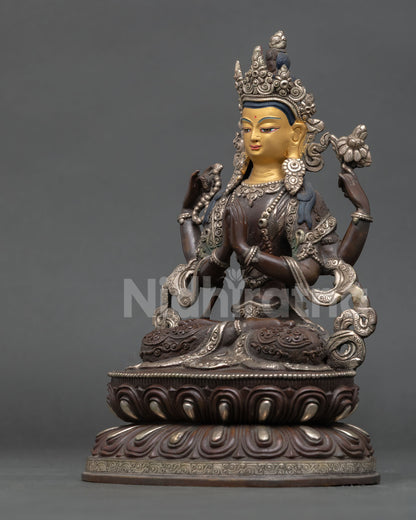 left side view chenrezig statue lotus seat detail buddhist compassion deity handcrafted nepal