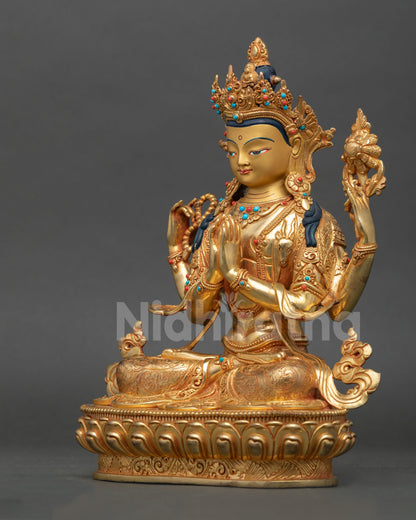 Left side view Chenrezig statue showing intricate detailing and balanced posture, traditional Buddhist art from Nepal